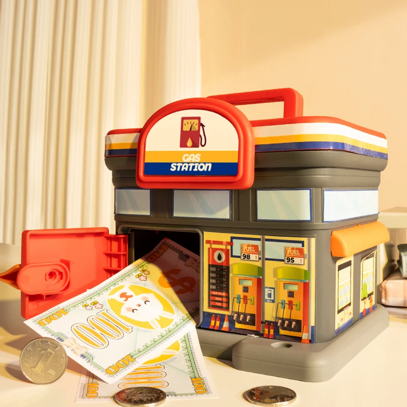 Coffee house piggy bank, convenience store, gas station optional, key to open the door, large capacity to save money, boys and g