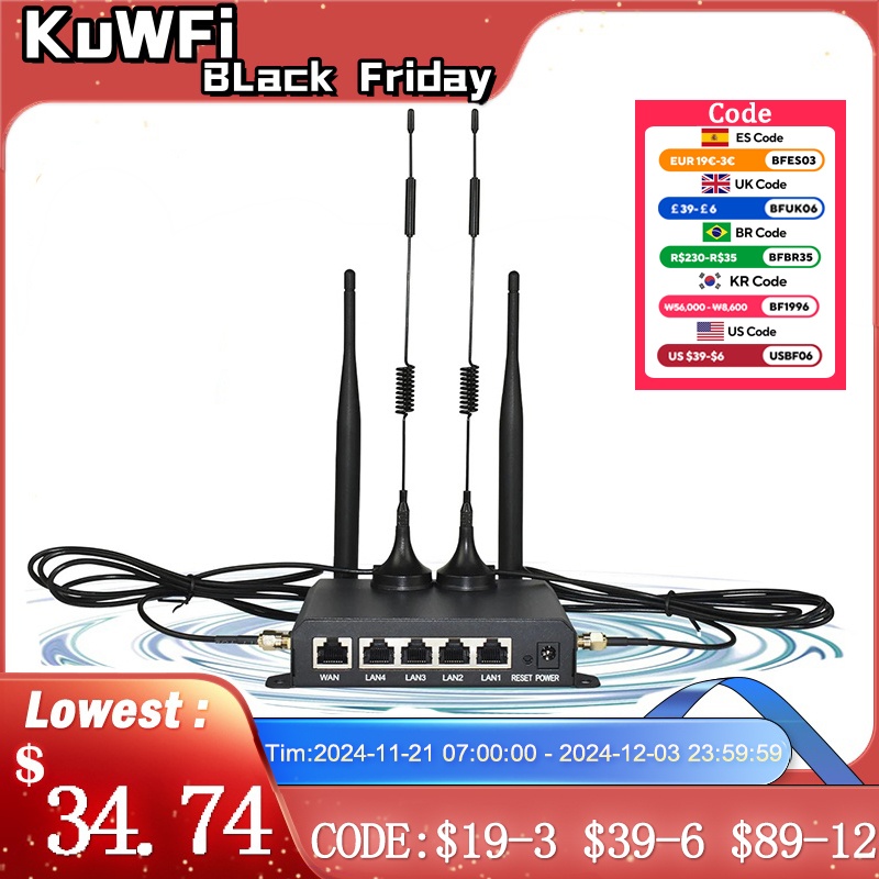 KuWFi 150Mbps 4G LTE Wireless WiFi Router DDNS Firewall Function RJ45 Port AP Repeater Mode Wall-Mounted External 4pcs Antennas