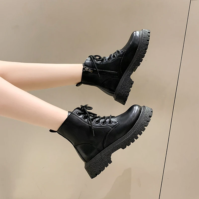 Shoes Female 2023 New PU Ankle Women's Boots Platform Modern Boots Women Lace Up Side Zip Round Toe Fretwork Heels Shoes Women
