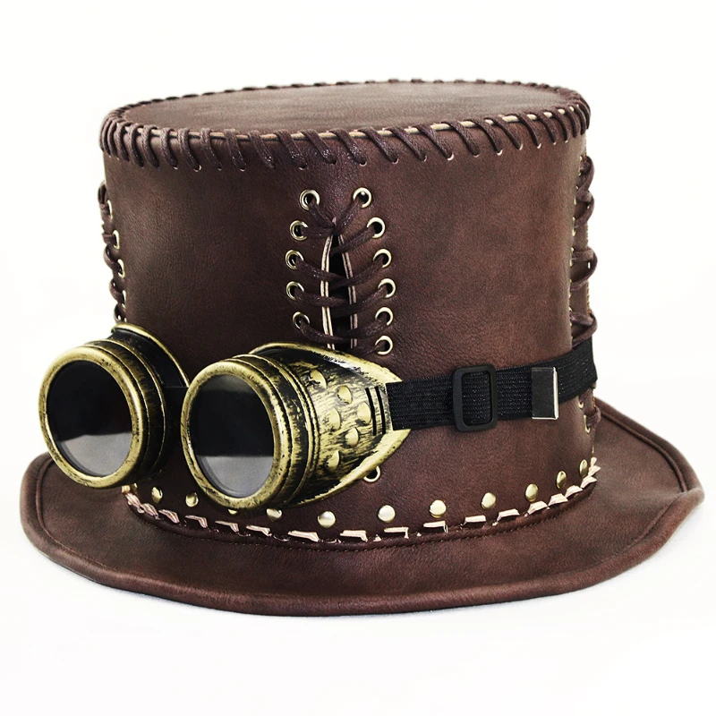 

Retro Steam Punk Top Hat PU Leather Brown Hat Gear Glasses Gothic Holiday Party Boy Girl Decor Cosplay Halloween Gift Headwear