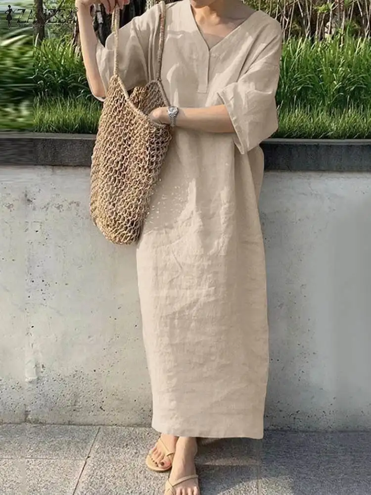 

ZANZEA Summer Maxi Long Dress Women Short Sleeve Holiday Sundress Elegant V Neck Dresses Solid Loose Vestidos Kaftan Robe Femme