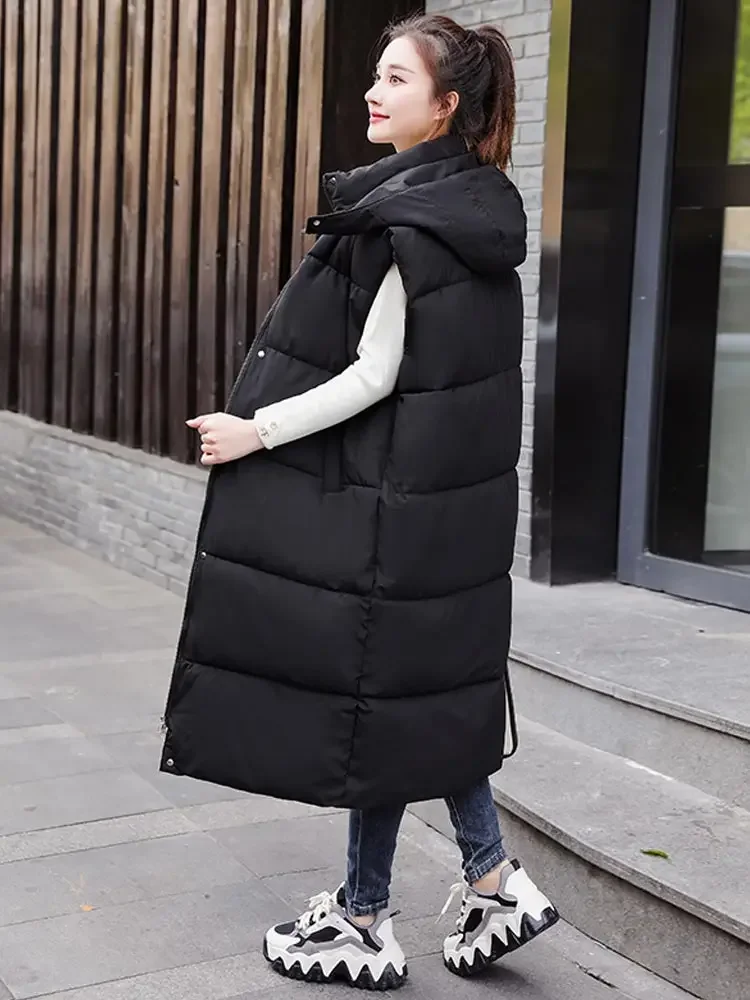 Vielleicht New Long Winter Cotton Vest  Jacket Women Warm Coat Hooded Zipper Sleeveless Overcoat Loose Bow Tie Sashes Waistcoat