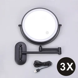 8-Inch Chrome Makeup Mirror with Double-Sided Magnification and Tri-Color LED Lighting (8inch Black USB 3X)