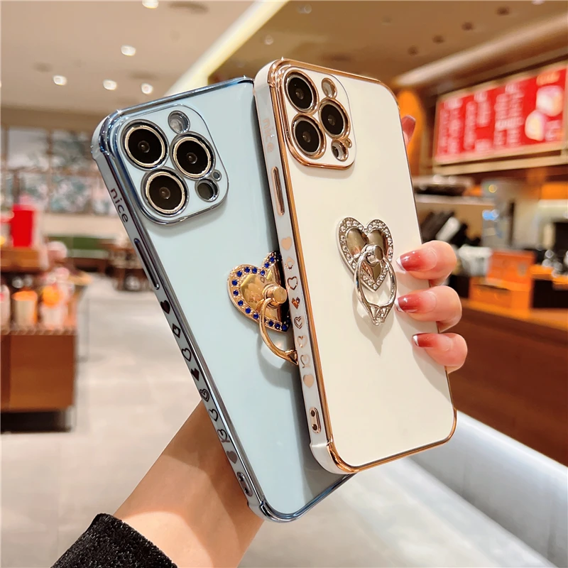 For iPhone 15 16 Pro Max Luxury Plating Love Heart Pattern Diamond