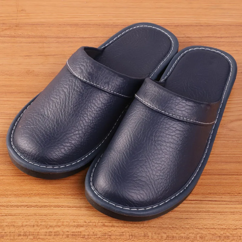 Home Leather Slipper for Men Four Season Indoor Flat Waterproof Shoes Slides Lovers Shoes Concise Couples Soft Leather Slippers