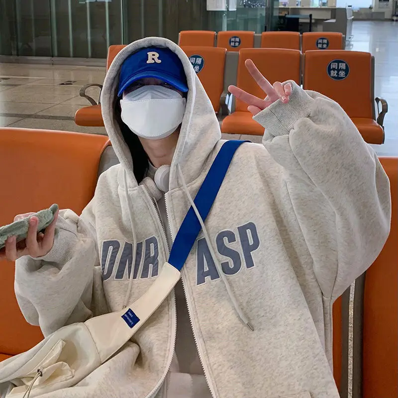 

Hip hop trend men and women personality letters hooded cardigan top American autumn and winter couple casual y2k top harajuku