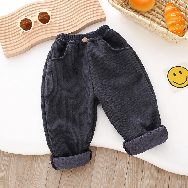 Kids Corduroy Casual Pants Winter 2-7T Solid Color Patch Girls Fleece Padded Trousers Warm Thicken Children Pants 4