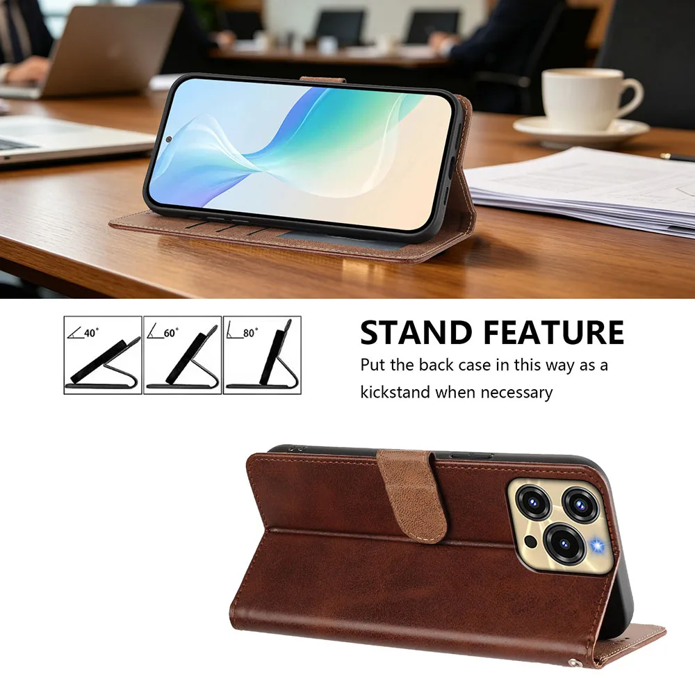 Leather Wallet Case with Flip Card Slots and Kickstand Back Cover