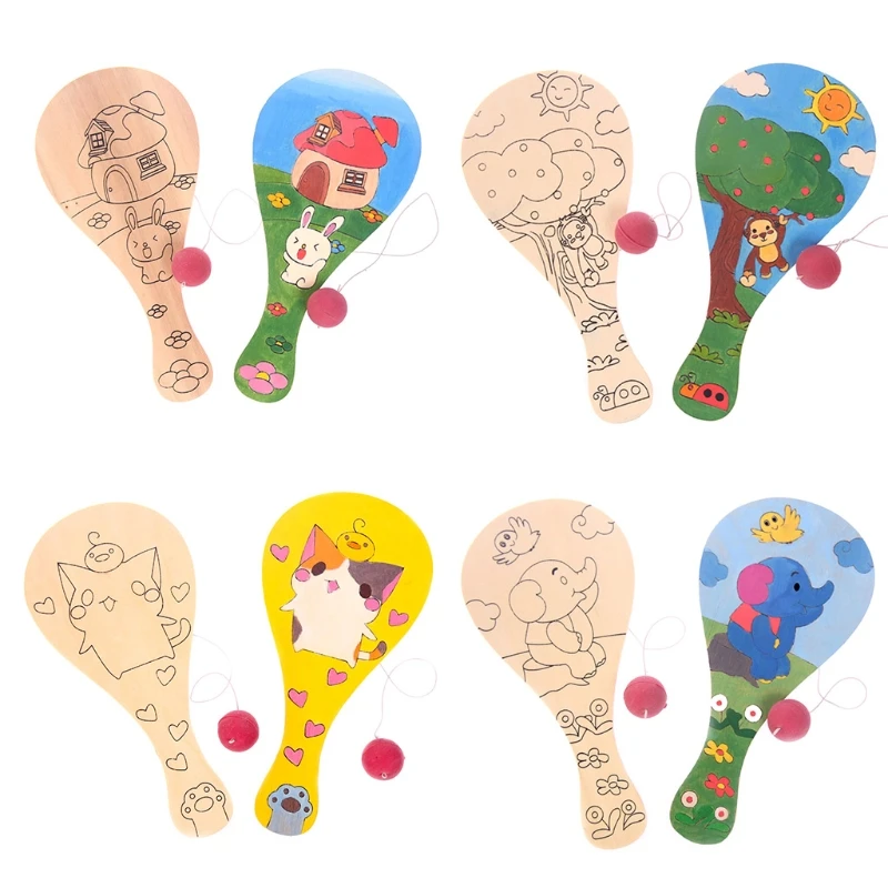 

Q0KB 1PC Brain Developmental Mini Hand Painting Racket for Baby Toddlers Wooden Racket Educational Preschool Paddle Ball Toys
