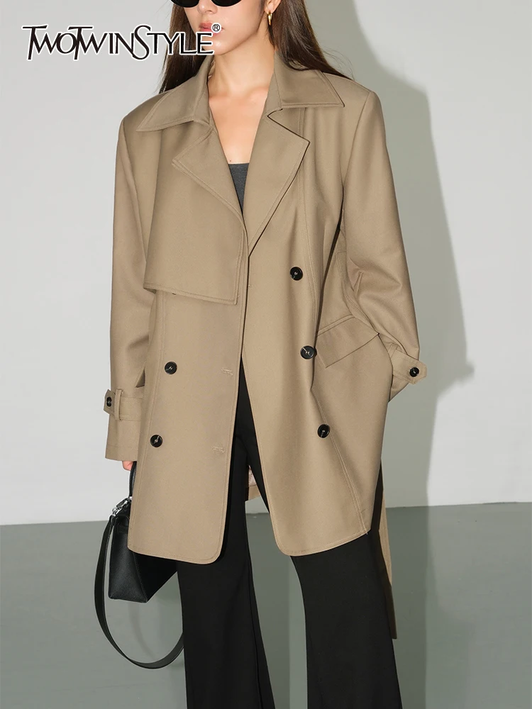 

TWOTWINSTYLE Solid Patchwork Lacce Up Trench For Women Lapel Long Sleeve Spliced Double Breasted Casual Coats Female Fashion