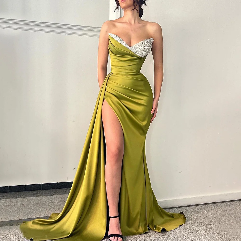 

Sexy Prom Dresses for Women Mermaid Pearls V Neck Luxury Evening Dress 2023 High Slit Draped Green Satin Gowns
