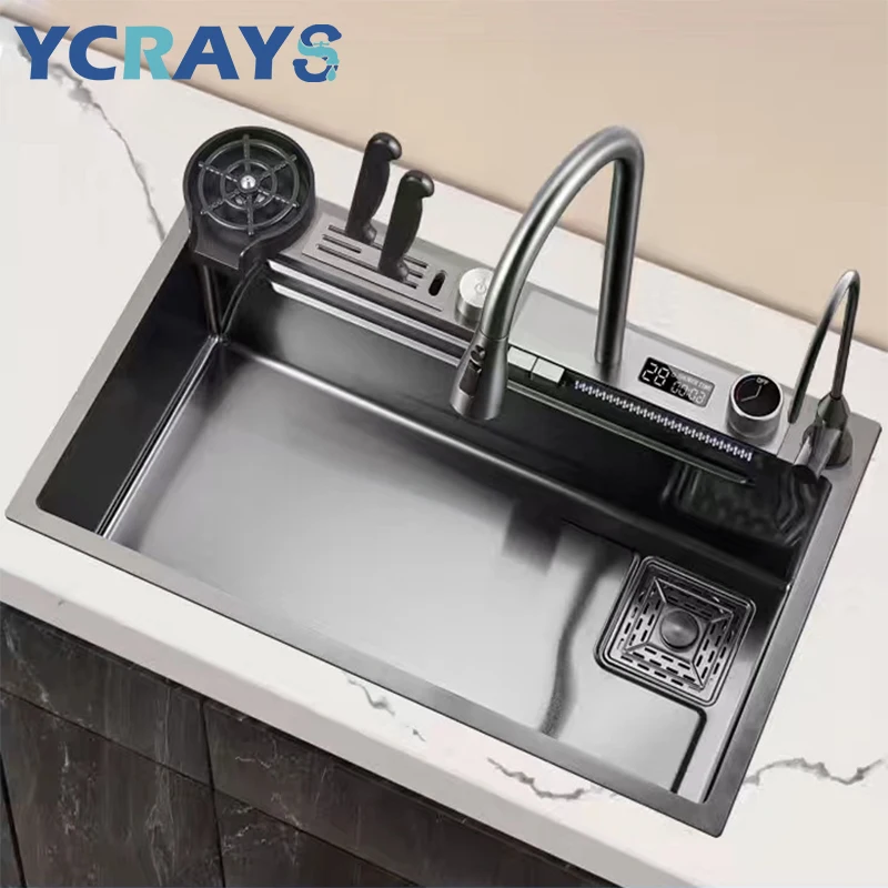 YCRAYS Digital Display Nano Kitchen Sink Large Single Bowl SUS304 Waterfall Faucet Cup Washer Purified Tap Soap Dispenser