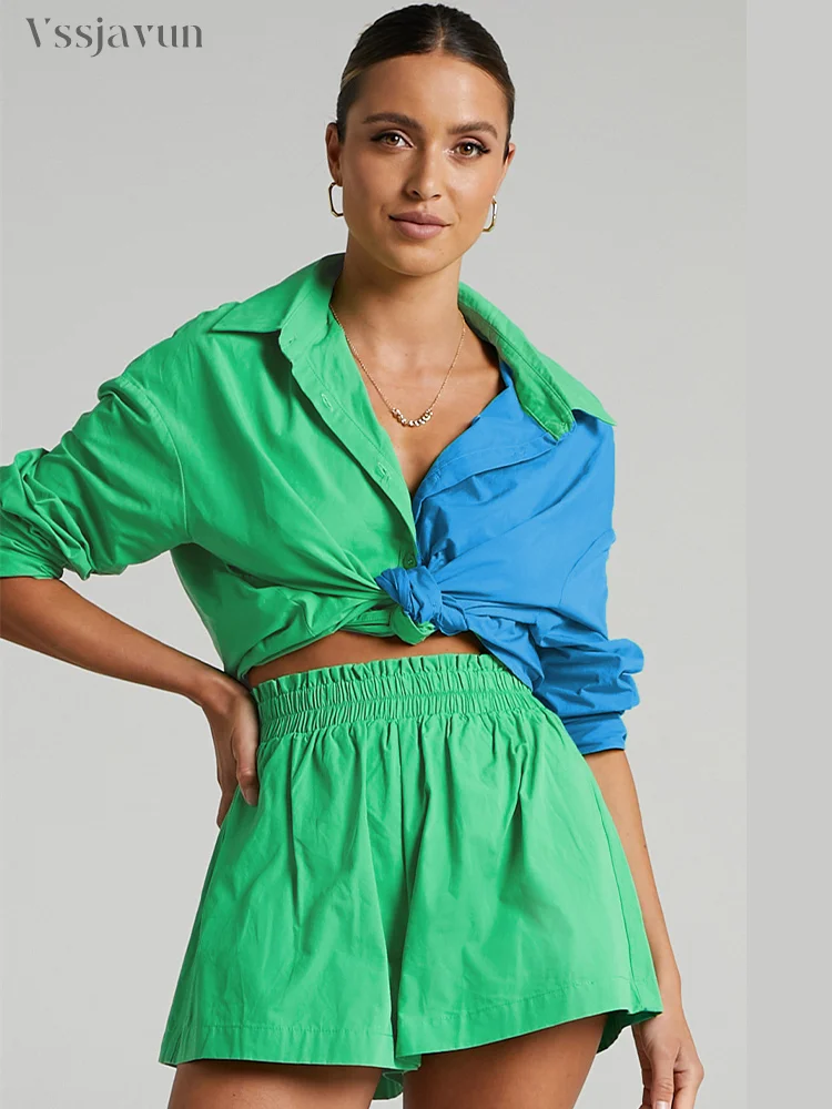 Women Two Piece Outfits 2023 Summer Camicia Bicolore Patchwork Loose