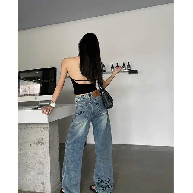 Genleck Jeans Donna A Gamba Larga Barrel Jeans, Vita Alta, Taglio Baggy, Lunghezza Alla Caviglia, Con Tasche, Colore Nero, Taglia 42