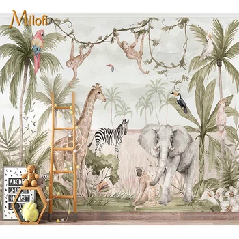 Milofi ที่กำหนดเอง High-End ภาพจิตรกรรมฝาผนัง Tropical Jungle ยีราฟการ์ตูนอบอุ่นวอลล์เปเปอร์เด็กตกแต่งบ้านห้อง 1