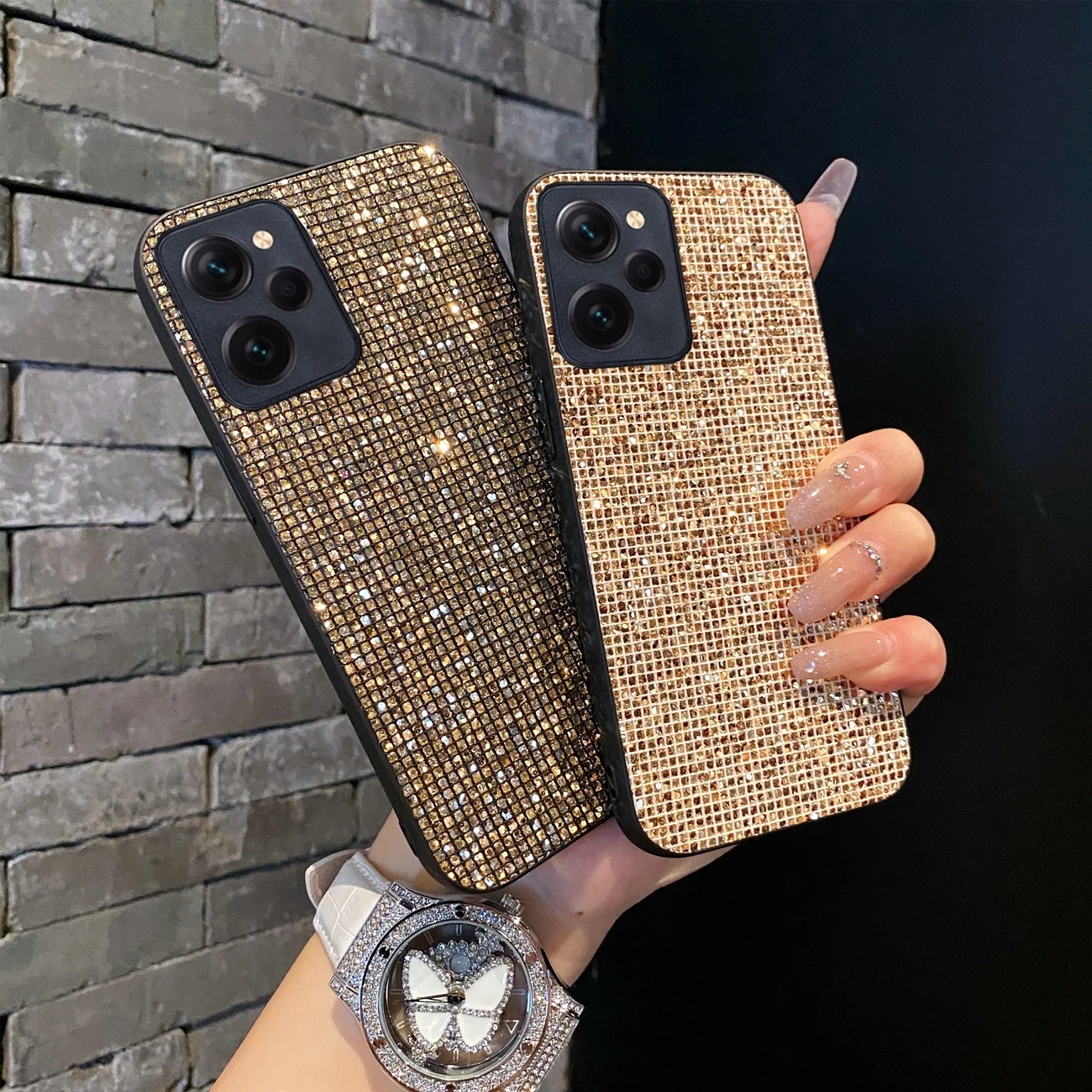 Luxury Shiny Gold Grid Pattern Fashion TPU Shockproof Glitter Phone Case