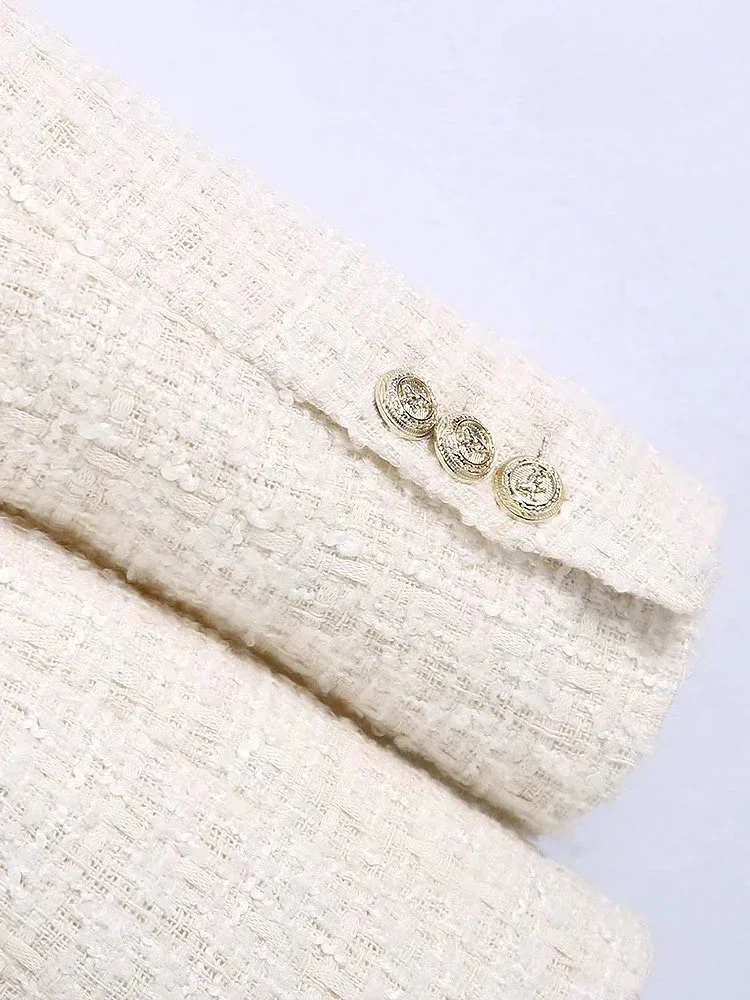 2024 New Women Fashion Tweed Double Breasted Blazer Coat Vintage Long Sleeve Flap Pockets Female Outerwear Chic Veste Femme