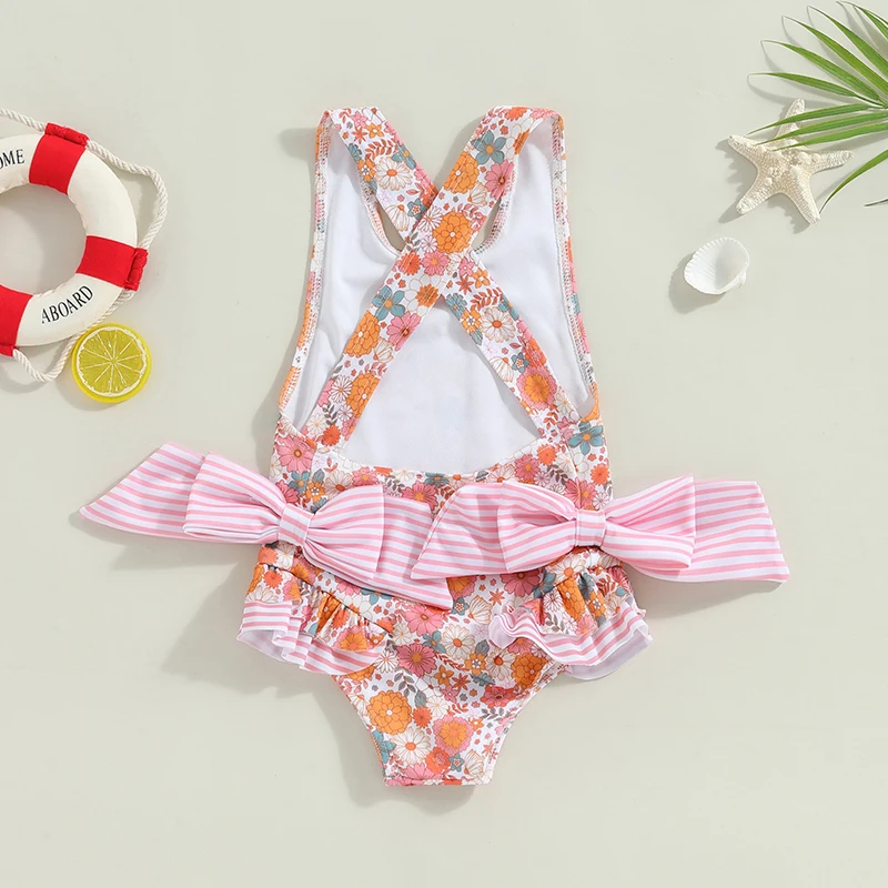 Toddler Girls Summer Swimsuit – Sleeveless Striped/Floral Print Bathing Suit for Kids Aged 1-6 Years Beachwear Swimwear