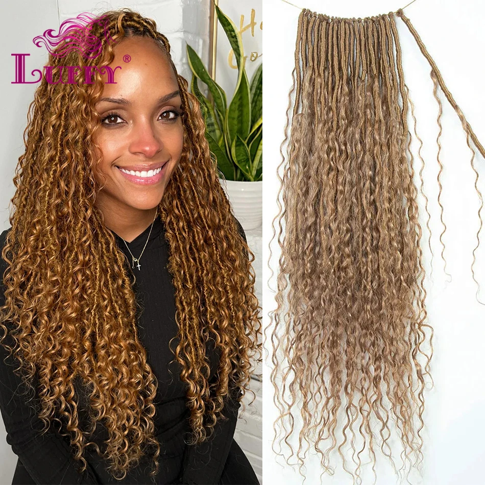 Pre-looped Honey Blonde Crochet Boho Locs With Human Hair Curls Color #27 Locs Braids Hair Curly Human Hair Full Ends For Women