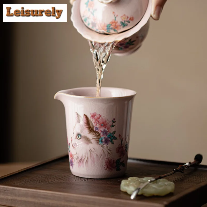 220ml Pink Ru Kiln Flower Cat Tea Pitcher Tea Divider Cha Hai Dispenser Household Justice Cup Fair Mug Drinkware Accessories