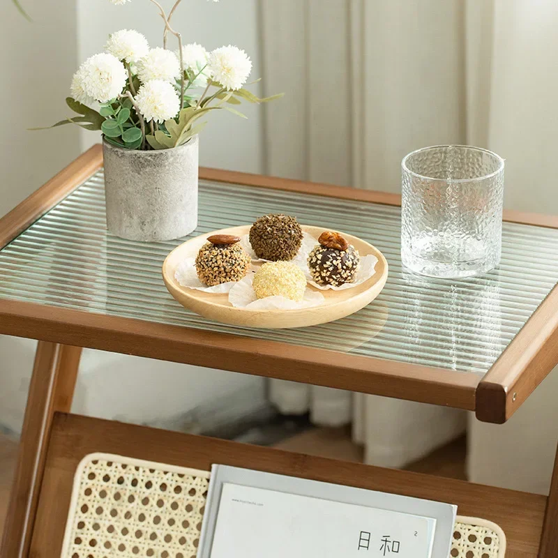Nordic Antique Tea Table Living Room Villa Retro Color Rattan Woven Glass Table Side Sofa Light Luxury Home Stay Japanese Small