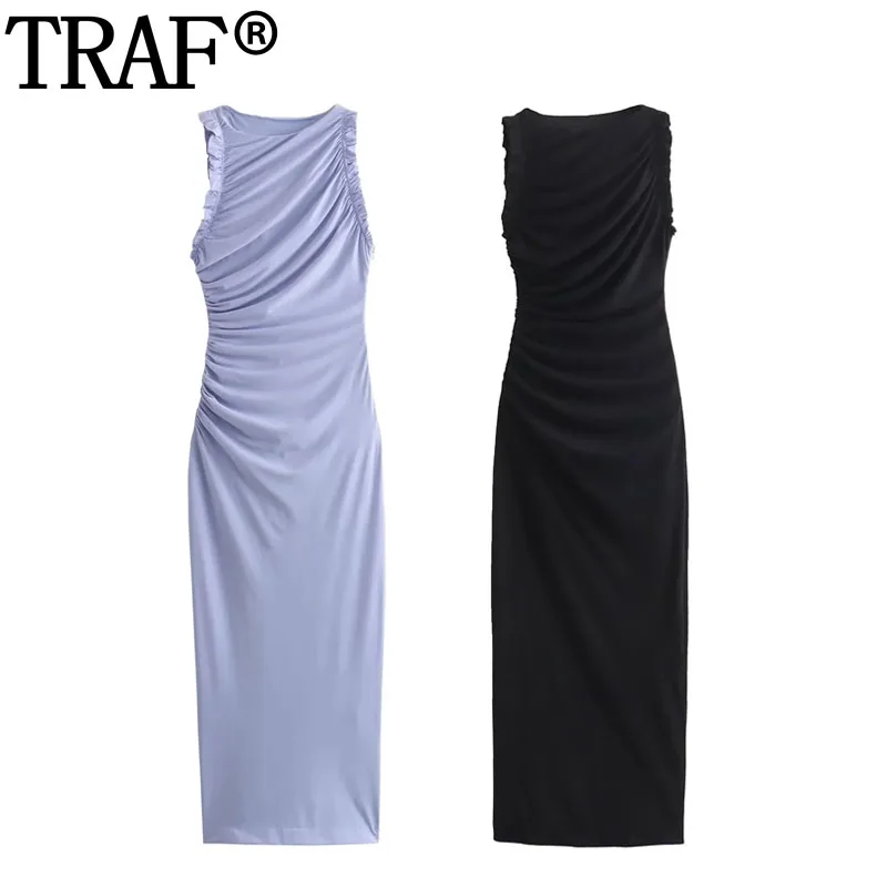 

TRAF 2024 Ruched Bodycon Black Dresses Women Ruffle Sleeveless Midi Dress Woman Summer Long Dresses Slit Elegant Party Dresses