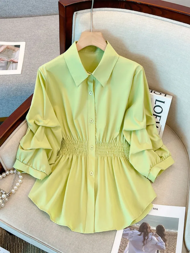 

Oversized Women's Blouses Spring Autumn Solid Color Single Breasted Shirts Temperament Office Lady Mid-length Tops