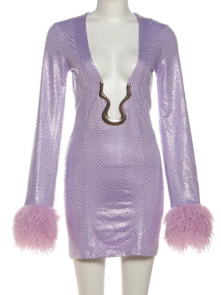 Nibber Furry Patchwork Dress Woman Shiny Sequin Sexy Deep V-Neck Full Sleeve Fit Peach Hip Street Elegant Fashion Mini Bodycon