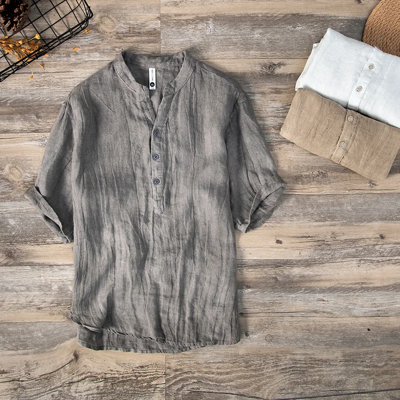 Summer New Vintage Pure Linen Short Sleeve T Shirt for Men Thin Solid Color Slim Men Clothing Big Size BL888