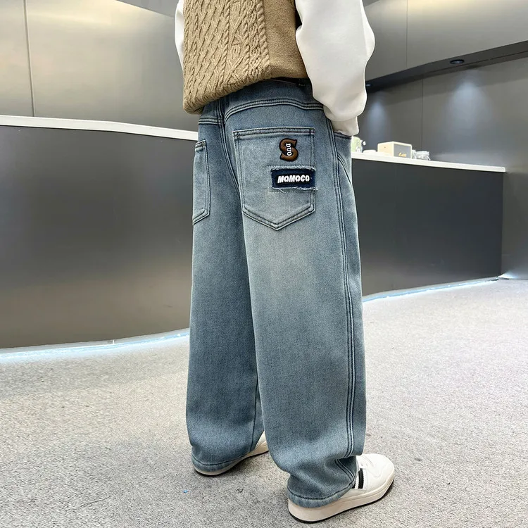 십대 가을 빈티지 배기 청바지 소년용 루즈 스트레이트 캐주얼 데님 팬츠 학생 어린이 레터 자수 바지