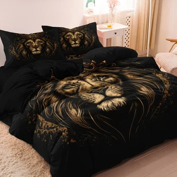 3pcs Lion & Crown Print Bedding Duvet Cover Set, Including 1 Duvet Cover & 2 Pillowcase without Filler, Bedding Supplies 1