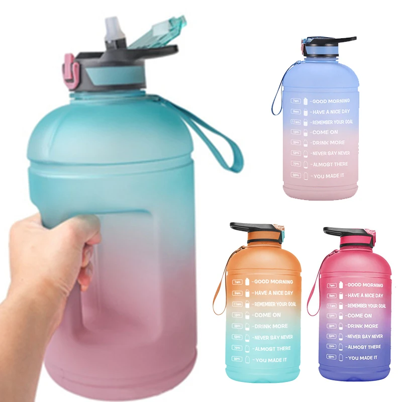 Voilamart 3.78L Gallon Sport Water Bottle with Time Marker and Straw Portable Gym Clear Plastic Drinking Bottles Sports Cup