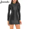 Womens Glossy Bodycon Dress Long Sleeve Mini Pencil Dress Nightwear Smooth Stretchy Mock Neck Tight Dresses Rave Party Clubwear 1