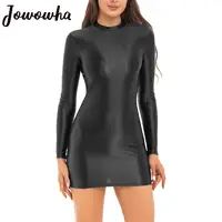 Womens Glossy Bodycon Dress Long Sleeve Mini Pencil Dress Nightwear Smooth Stretchy Mock Neck Tight Dresses Rave Party Clubwear 1