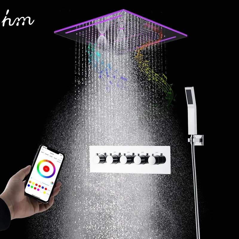 hm Led 16 Inch Muisc Shower Set Bathroom Chrome/Black Waterfall Rain SPA Massage Thermostatic Showerhead Faucets