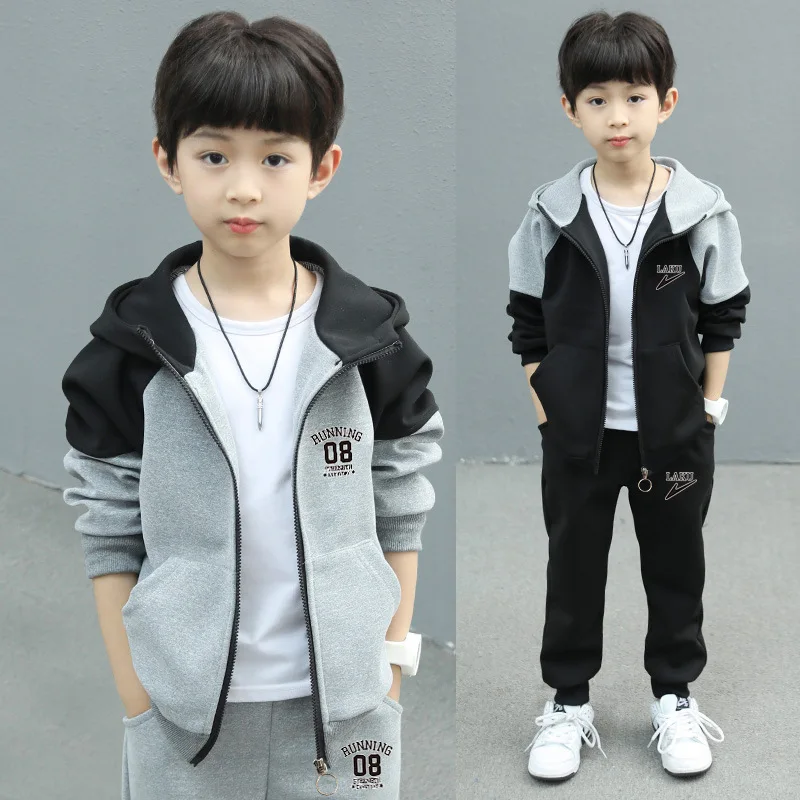 

2023 zipper splicing jacket hoodie + solid pants Child tracksuit Clothes boys sport Teenager Kids Cotton Casual 9 8 11 12 year