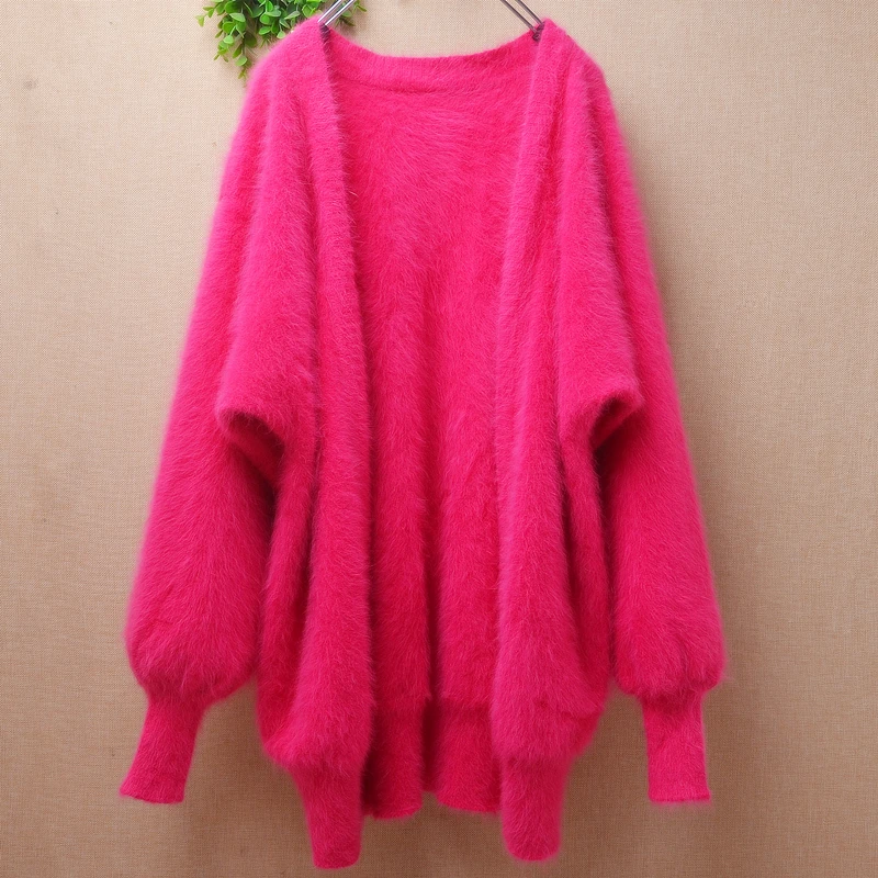 

Ladies Women Fall Winter Clothing Pull Rose Hairy Mink Cashmere Knitted Long Batwing Sleeves Loose Cardigans Mantle Angora Coat