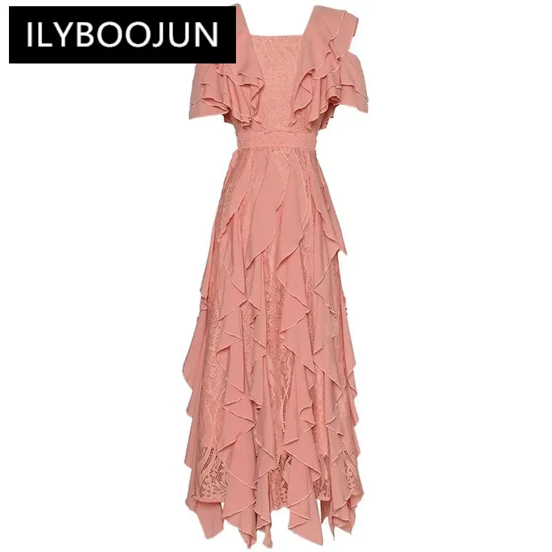 

ILYBOOJUN Fashion Women's New Square-Neck Short-Sleeved Shaggy Lace Patchwork Elegant Chic Flounced Edge Long Gown Maxi Dress