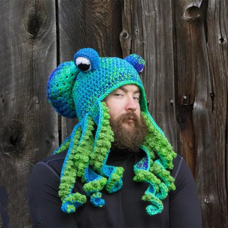 

2023 Halloween Party Funny Octopus Beard Knit Wool Hat For Men Christmas Cosplay Tricky Headgear Winter Warm Couples Beanie Caps