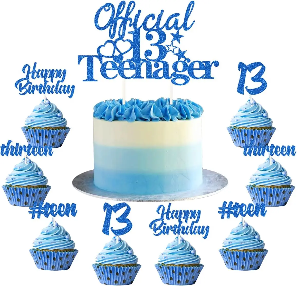 

25pcs Blue 13th Birthday Cake Decorations 13 Official Teenager Cake Topper with Cupcake Toppers Boy 13th Birthday Party Supplies