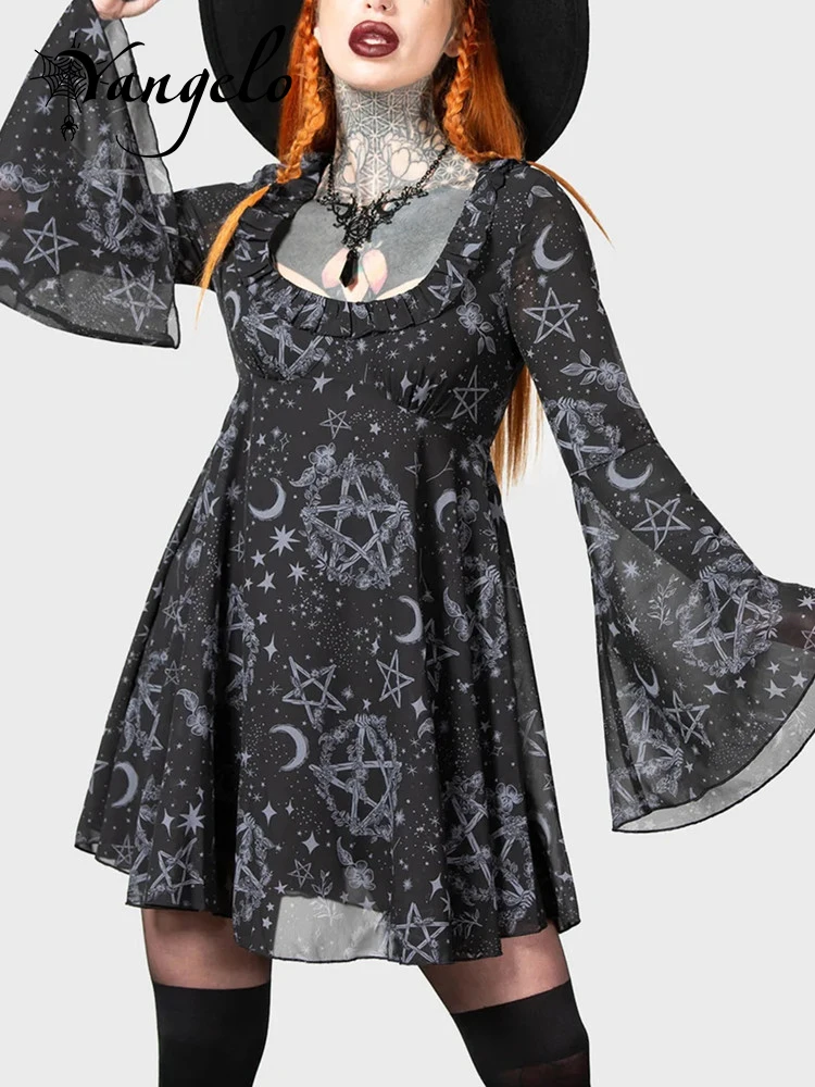 

Yangelo Grunge Aesthetic Women Gothic Square Collar Pullover Long Horn Sleeve Dress Chiffon Graphic Moonstar Nigh Club Cloths