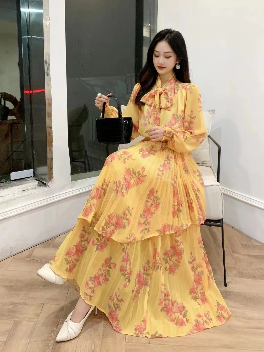New Spring Autumn Women Sweet Floral Skirt Suits Long Sleeve