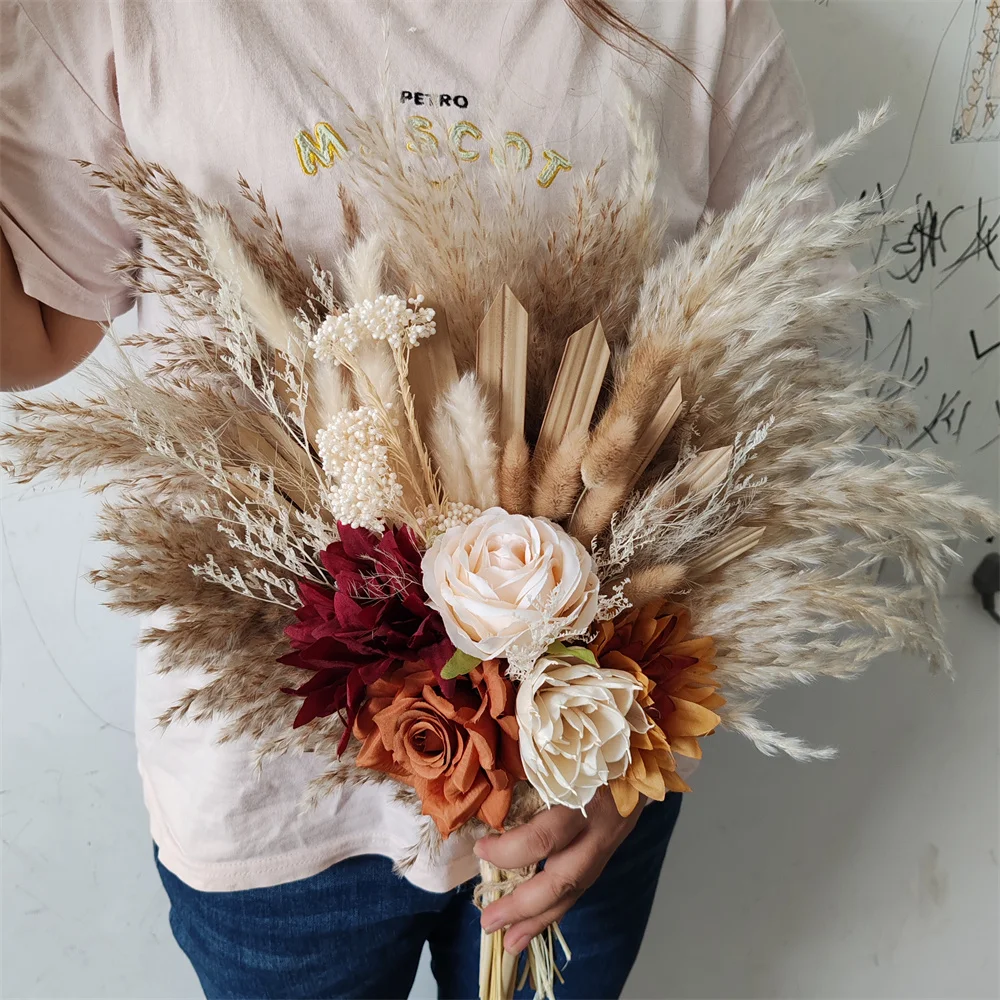 

Boho Bridal Wedding Bouquet,Dried Pampas Grass Orange Artificial Flowers Bouquets,Vintage Fall Wedding Bouquets Wedding Ceremony