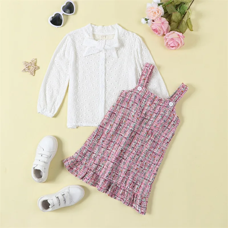 

Kids Girl Fall Outfits Flower Embroidery Bow Tie Long Sleeve Tops and Plaid Straps Dress 2Pcs Clothes Set
