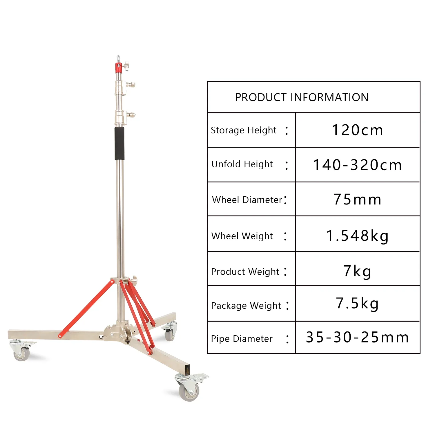 SH 119-320cm Adjustable Heavy-Duty Stainless Steel Photography C-Stand With 3 Wheels Suitable FOR Mobile Photography Shooting