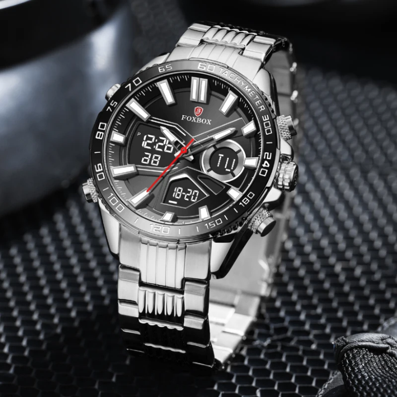 FOXBOX New Fashion Sport Men's Wrist Watch Digital Waterproof Quartz Chronograph Stainless Steel Clock Male Relogio Masculino