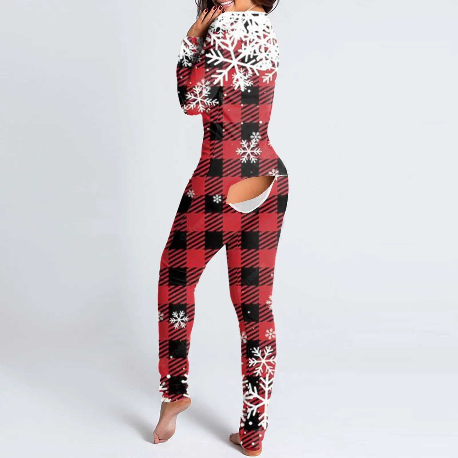 

Women Christmas Overalls Functional Buttoned Flap Jumpsuit Pyjamas V Neck Snowflake Print Onesies Long Sleeve Sleepwear Pyjamas