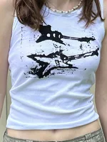 Débardeur sans manches imprimé guitare Y2K pour femmes, haut court côtelé décontracté Grunge, mode Harajuku, t-shirt, tenues de rue des années 90 2