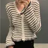 Korean Elegant Ladies Y2K Color-Block Knitted Sweater Women's Knitwear Fashion Striped Ruffle V-Neck Long Sleeve Casual Cardigan 2