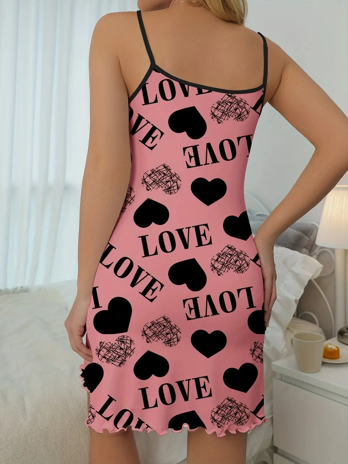 Women Nightgowns Women Nightdresses Sleeping Dress 1 Piece Casual & Comfy Heart & Letter Print Nightdress Lettuce Trim Sexy Slip Short Nightdress Women's Sleepwear Dresses